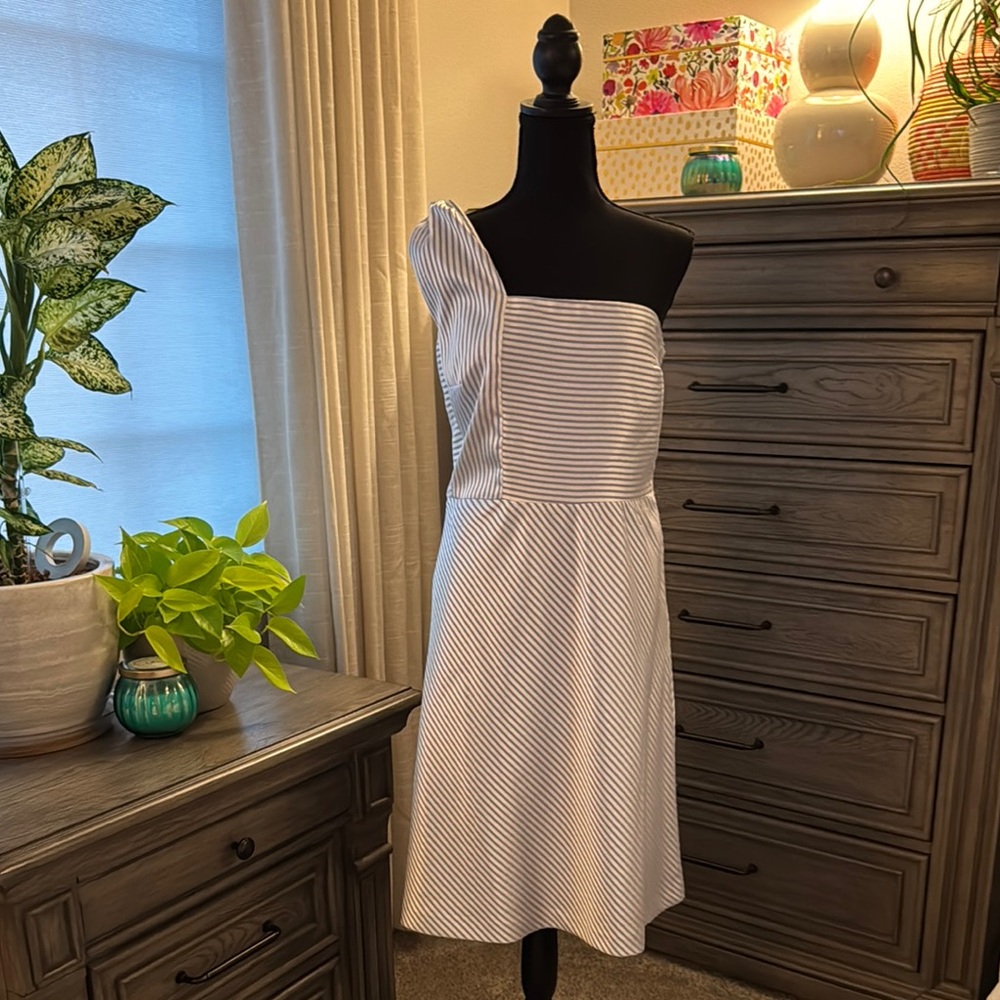 Banana Republic Blue & White Striped One-Shoulder Dress — Size 14